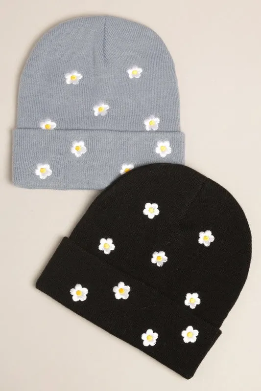 Flower Embroidered Knit Beanie Hat