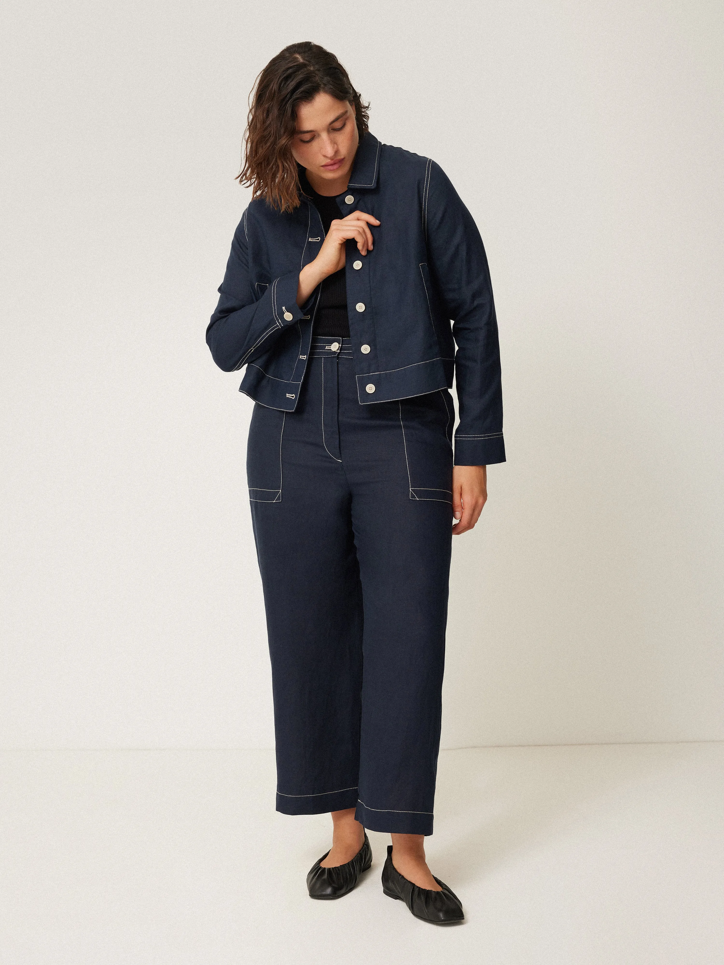 French Linen Cropped Jacket | Navy