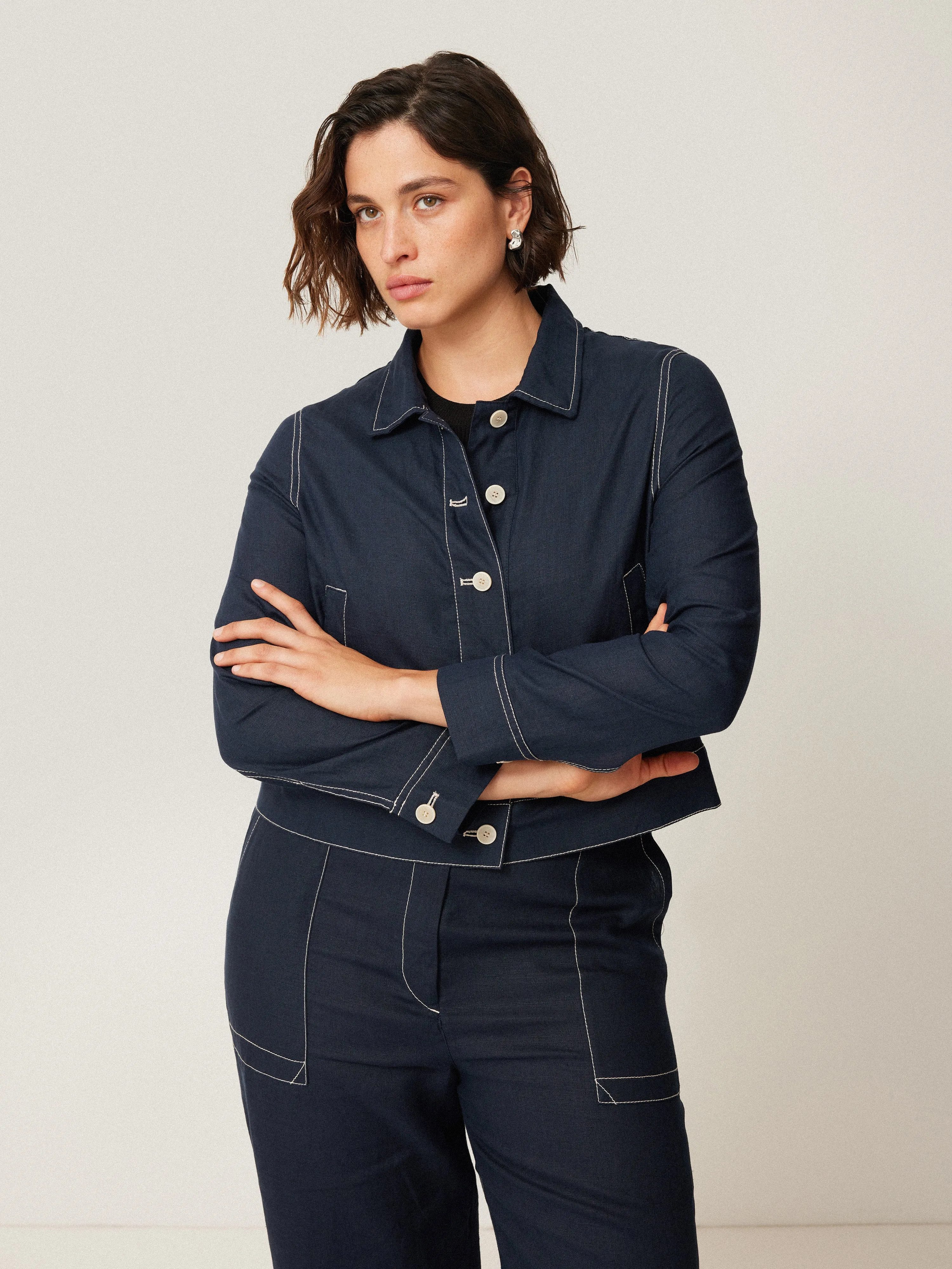 French Linen Cropped Jacket | Navy