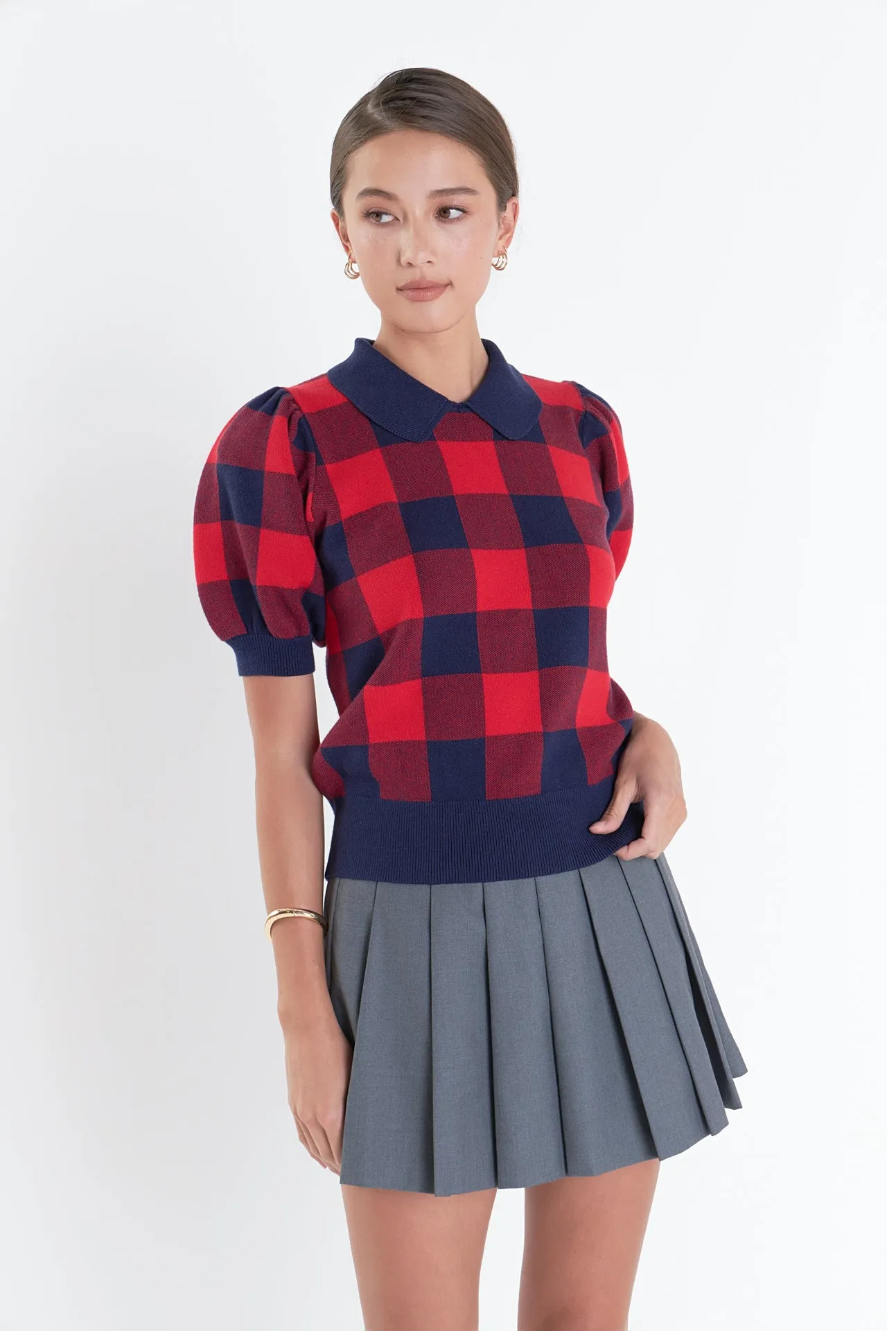 Gingham Collar Knit Top