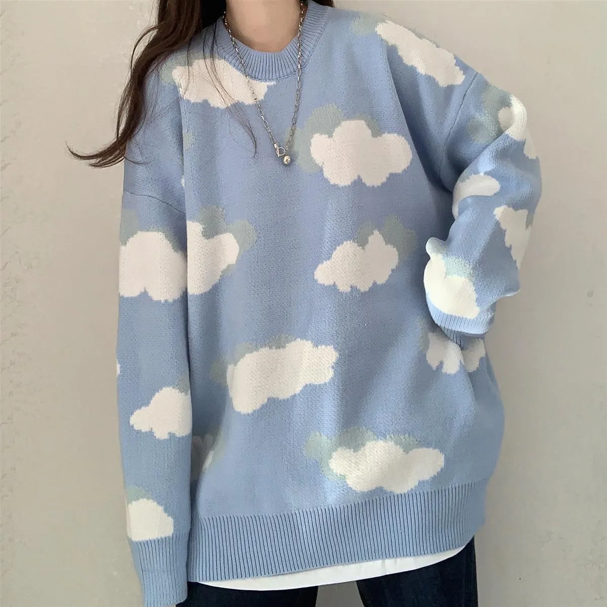 Girls Casual Sweater | Korean Style Sweater | Korean Girls Pullover | Kawaii Sweater | Crew Neck Sweater | Clouds Print | Harajuku Pullover