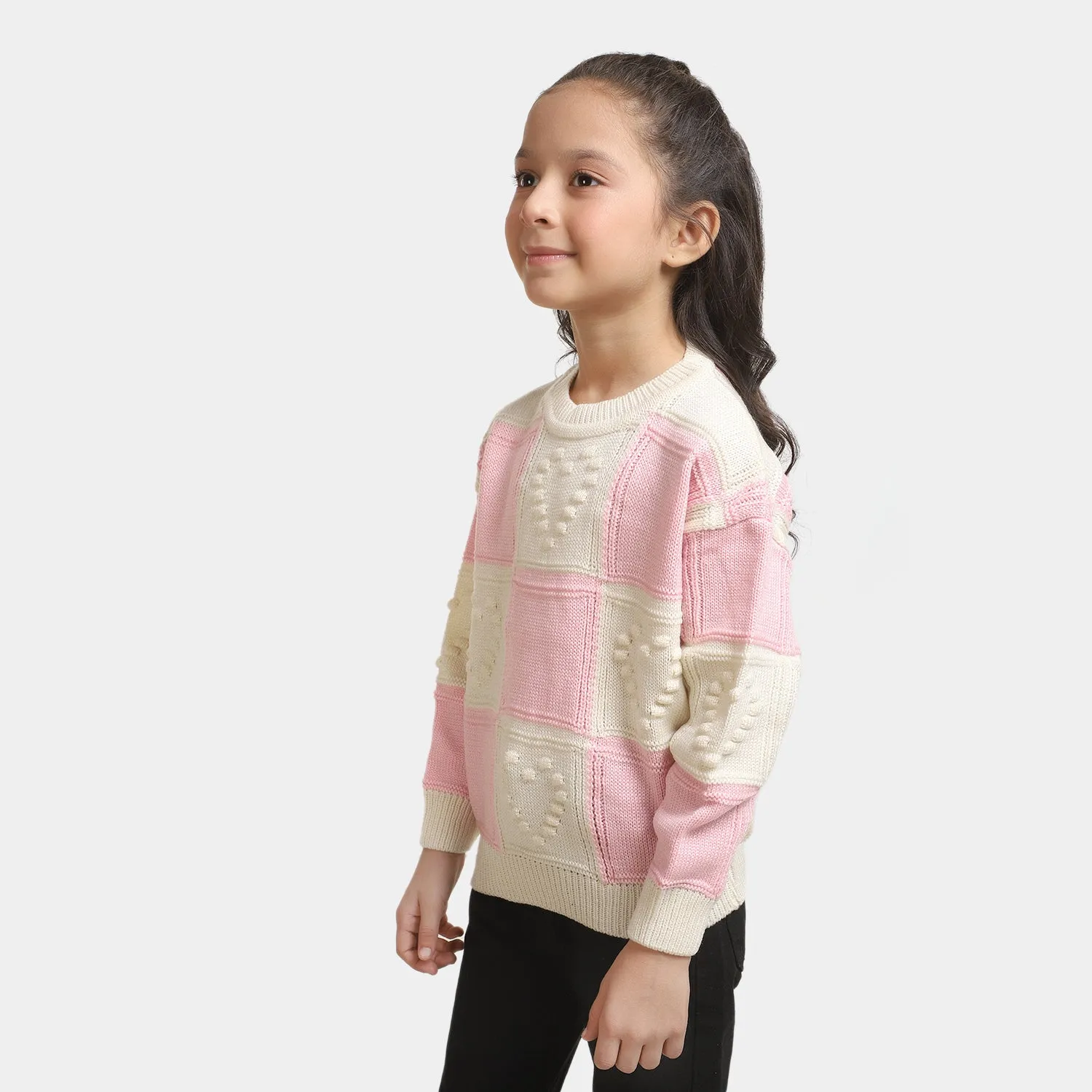 Girls Crew Neck Sweater -Pink/White