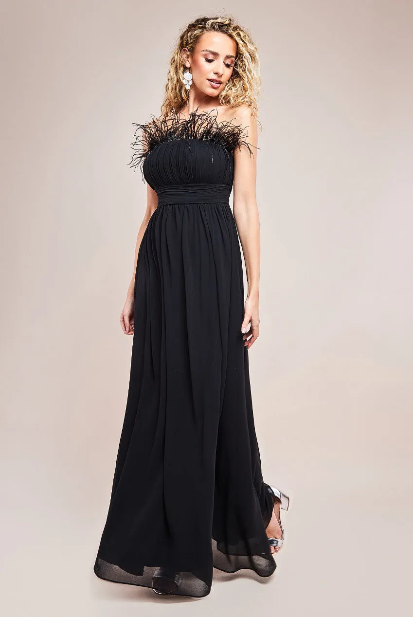 Goddiva Chiffon Feather Bandeau Maxi Dress