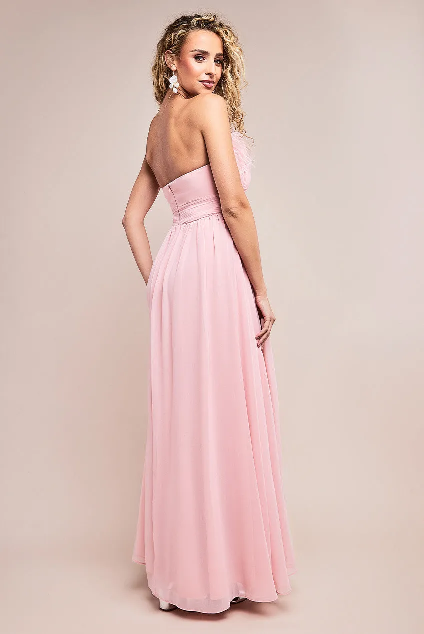 Goddiva Chiffon Feather Bandeau Maxi Dress