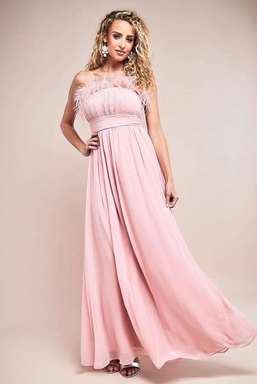 Goddiva Chiffon Feather Bandeau Maxi Dress