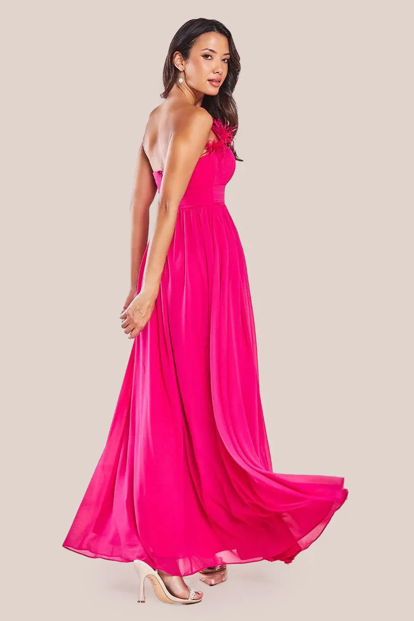 Goddiva Chiffon Feather Bandeau Maxi Dress