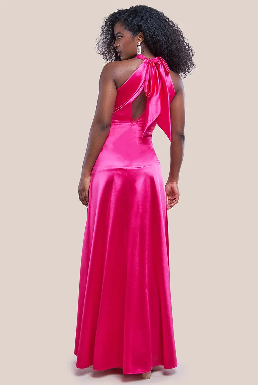 Goddiva Halter Neck Front Split Satin Maxi Dress