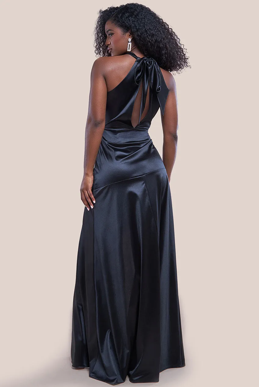 Goddiva Halter Neck Front Split Satin Maxi Dress