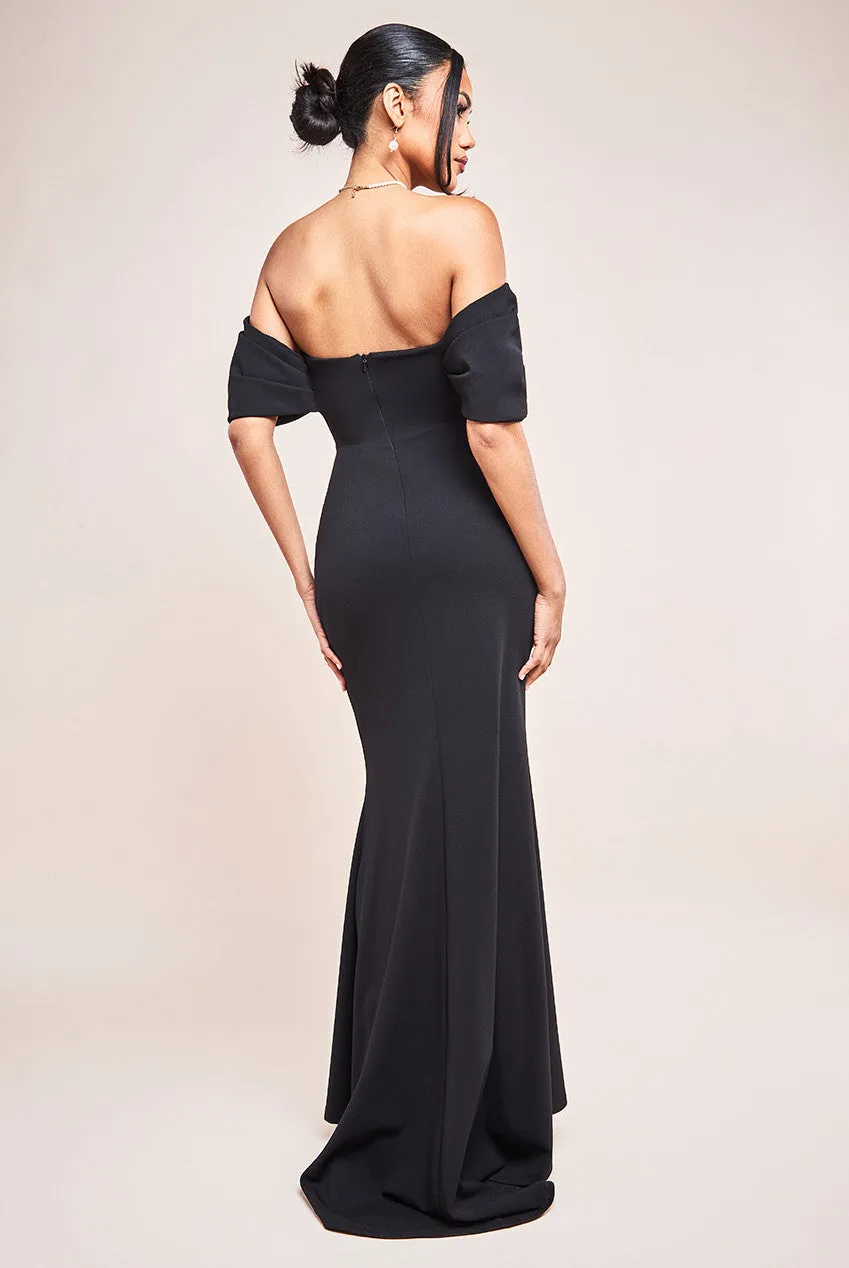 Goddiva Scuba Crepe Draped Bardot Maxi Dress