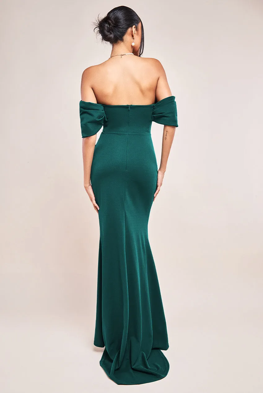 Goddiva Scuba Crepe Draped Bardot Maxi Dress