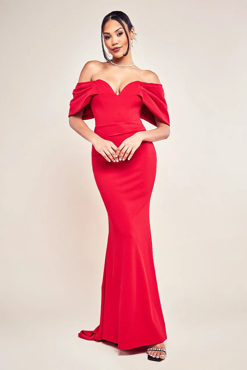 Goddiva Scuba Crepe Draped Bardot Maxi Dress