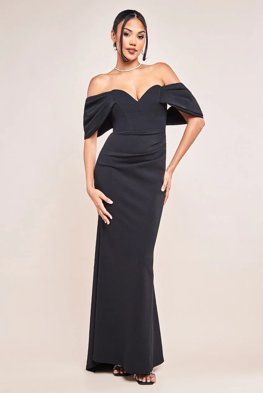 Goddiva Scuba Crepe Draped Bardot Maxi Dress