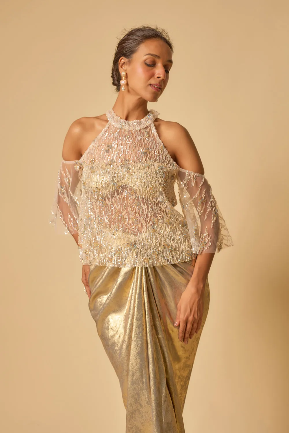 Gold Metallic Drape Skirt Set With Embroidered Cape