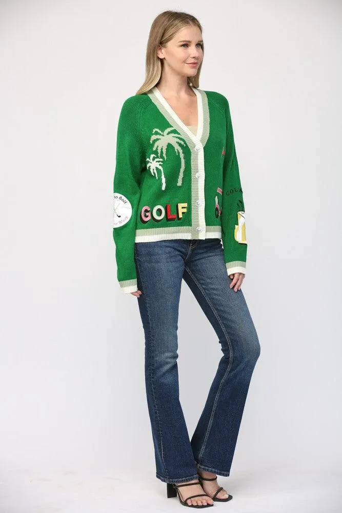 Golf Embroidered Patch Cardigan Sweater