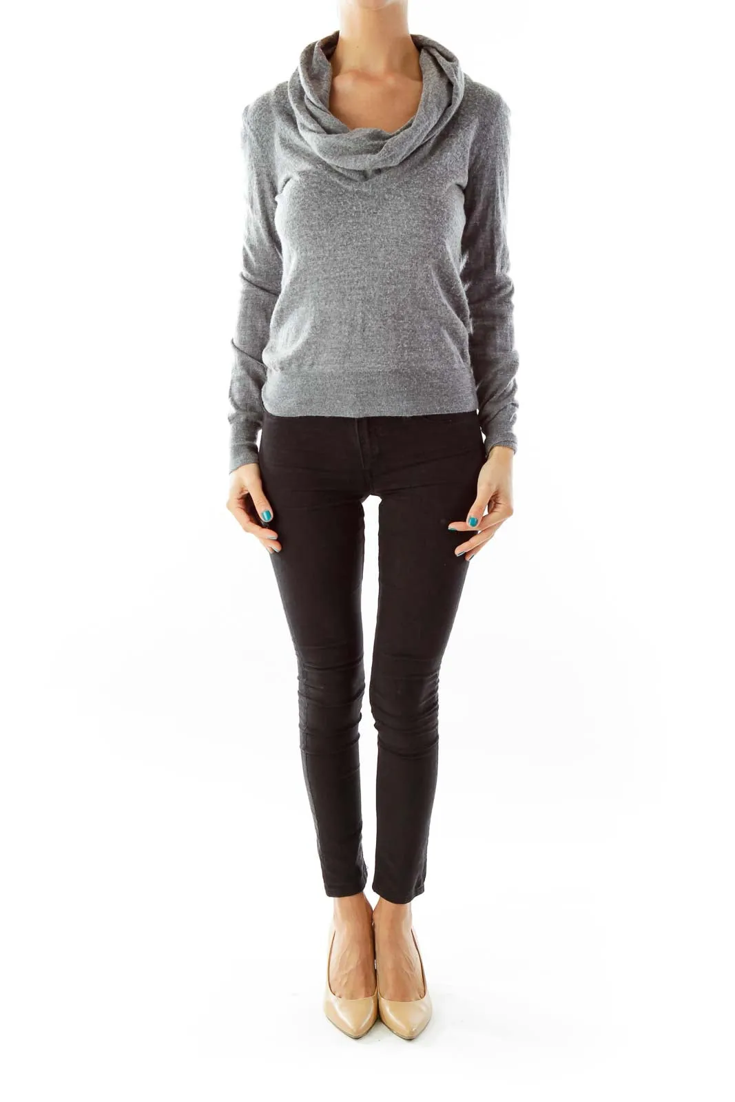 Gray Fitted Knit Top w/ Loose Neck