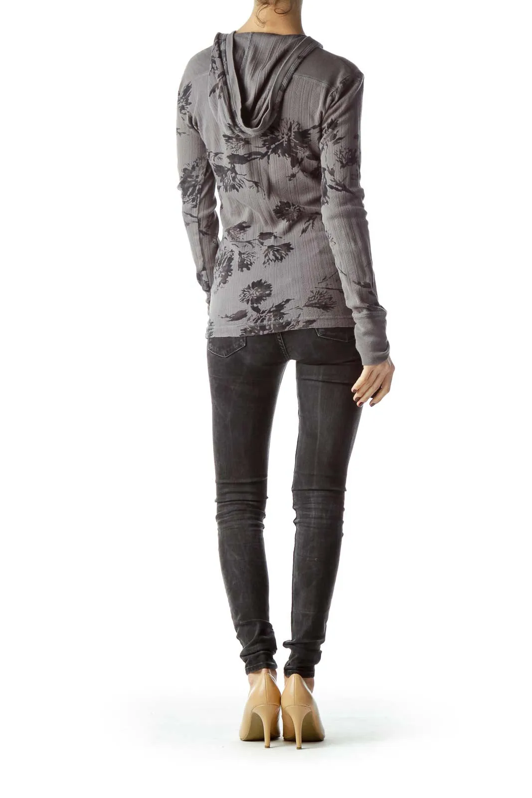 Gray Floral Print 100% Cotton Hooded Knit Top