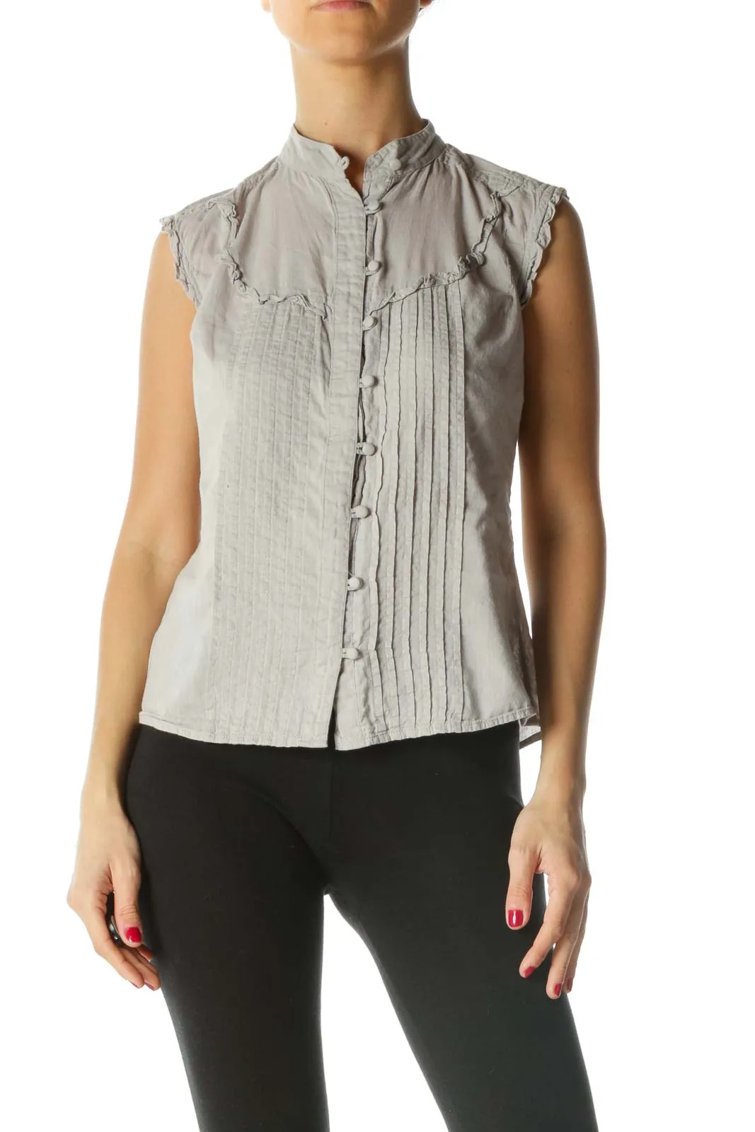 Gray Pleated Ruffle Detail Knit Sleeveless Top