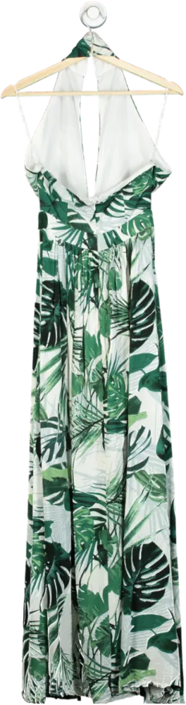 Green and White Leaf Print Halter Maxi Dress UK L