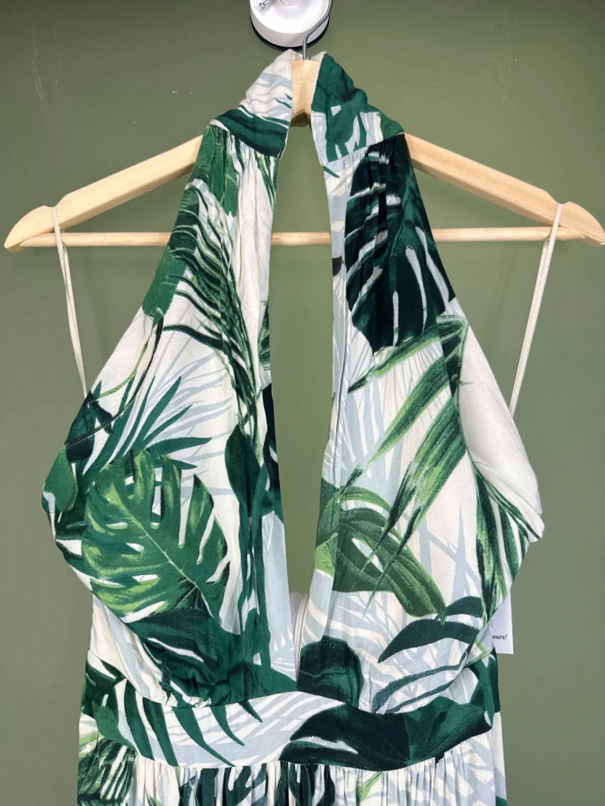 Green and White Leaf Print Halter Maxi Dress UK L