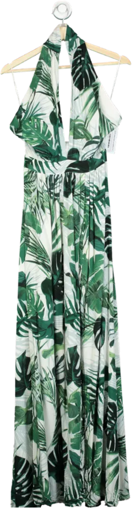 Green and White Leaf Print Halter Maxi Dress UK L