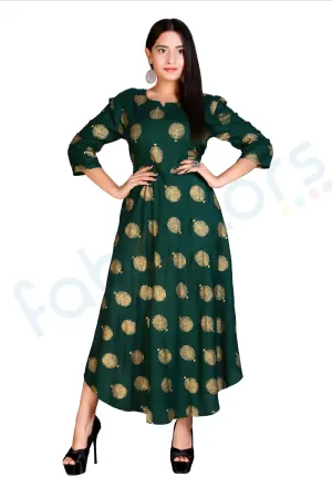 Green Rayon Women Long Green Gold Maxi