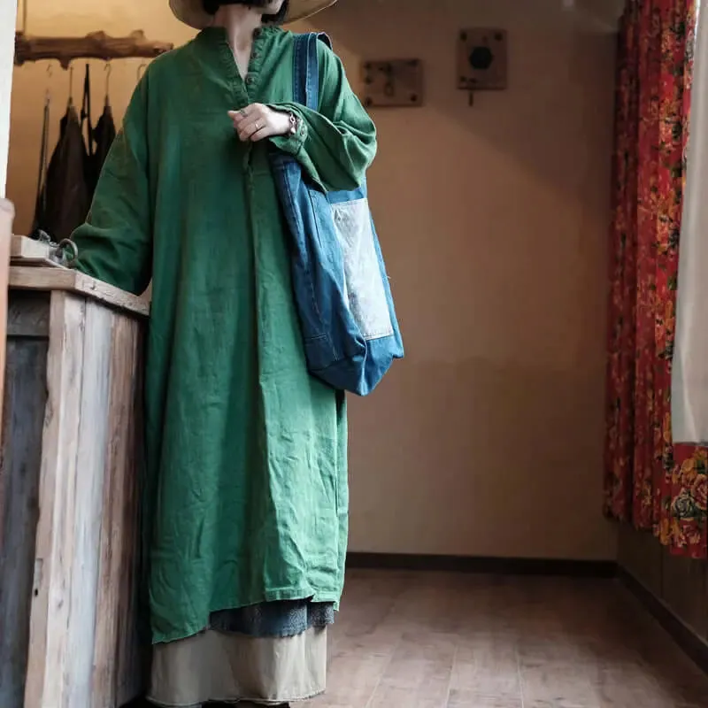 Green Vintage Linen Kaftan Maxi Dress with Pockets for Women