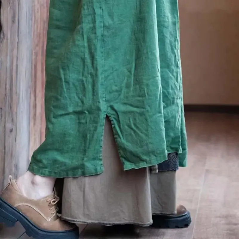 Green Vintage Linen Kaftan Maxi Dress with Pockets for Women