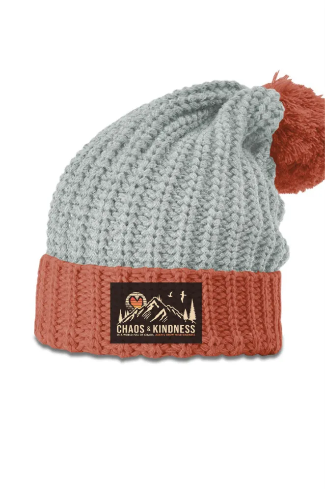 GREY & RUST CHUNK CABLE POM HAT