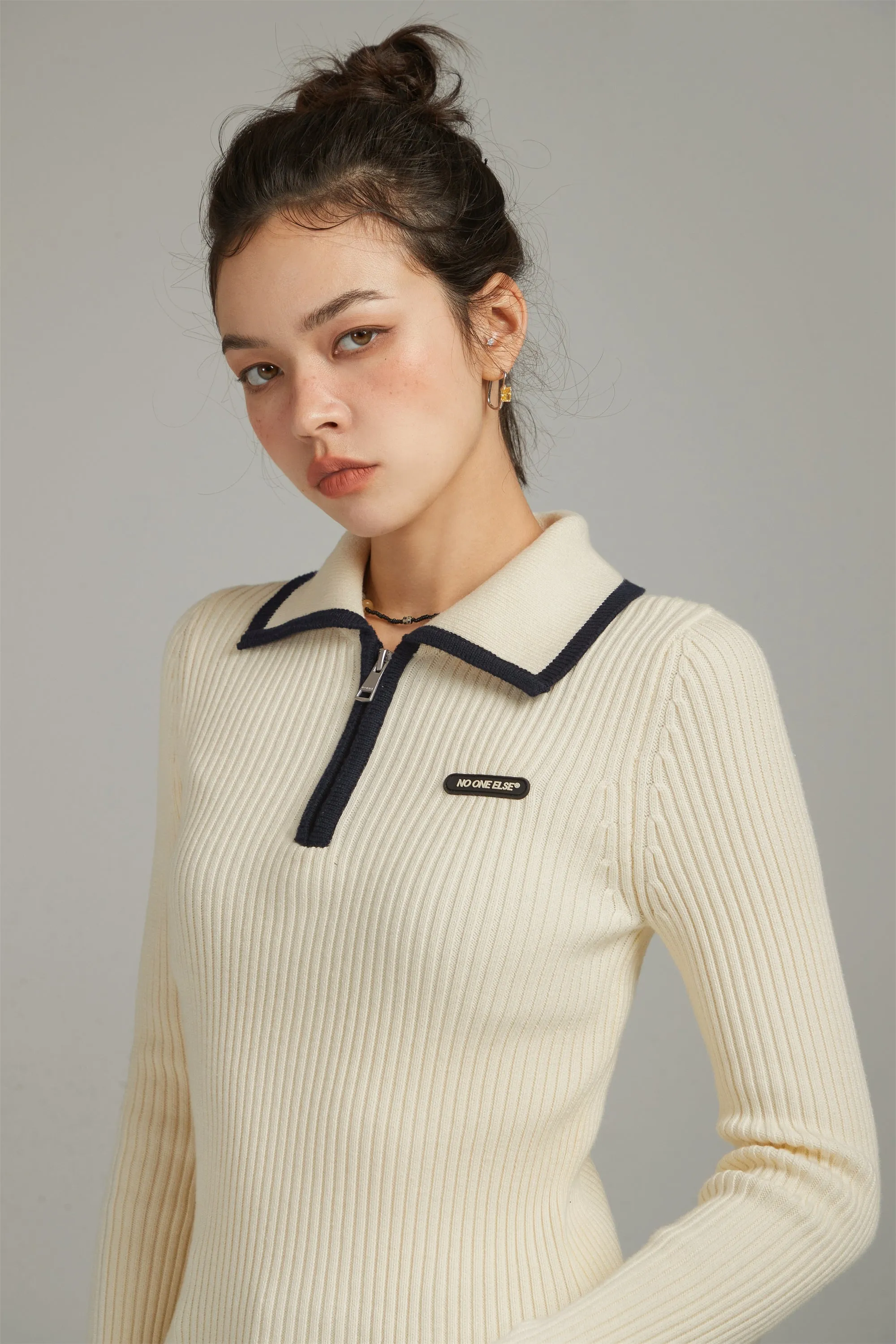 Half Zip-Up Basic Knit Top