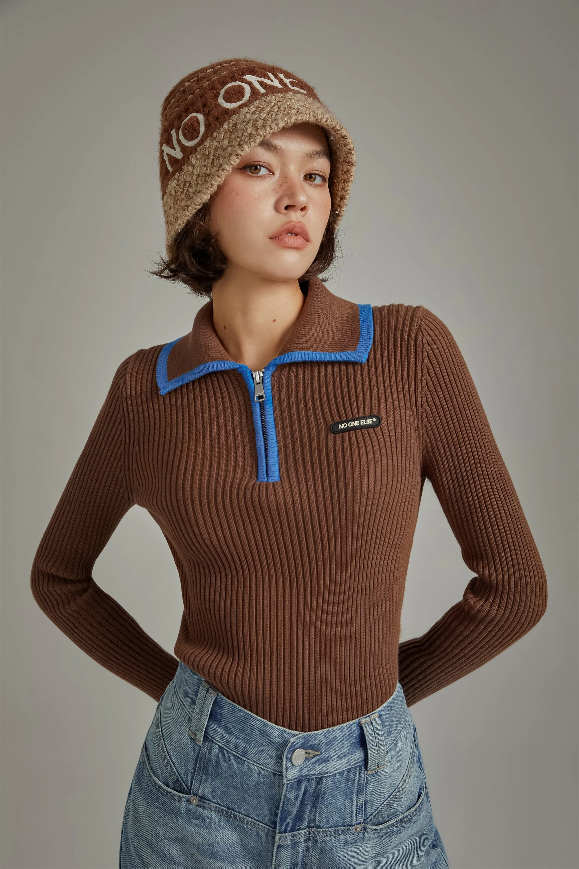 Half Zip-Up Basic Knit Top