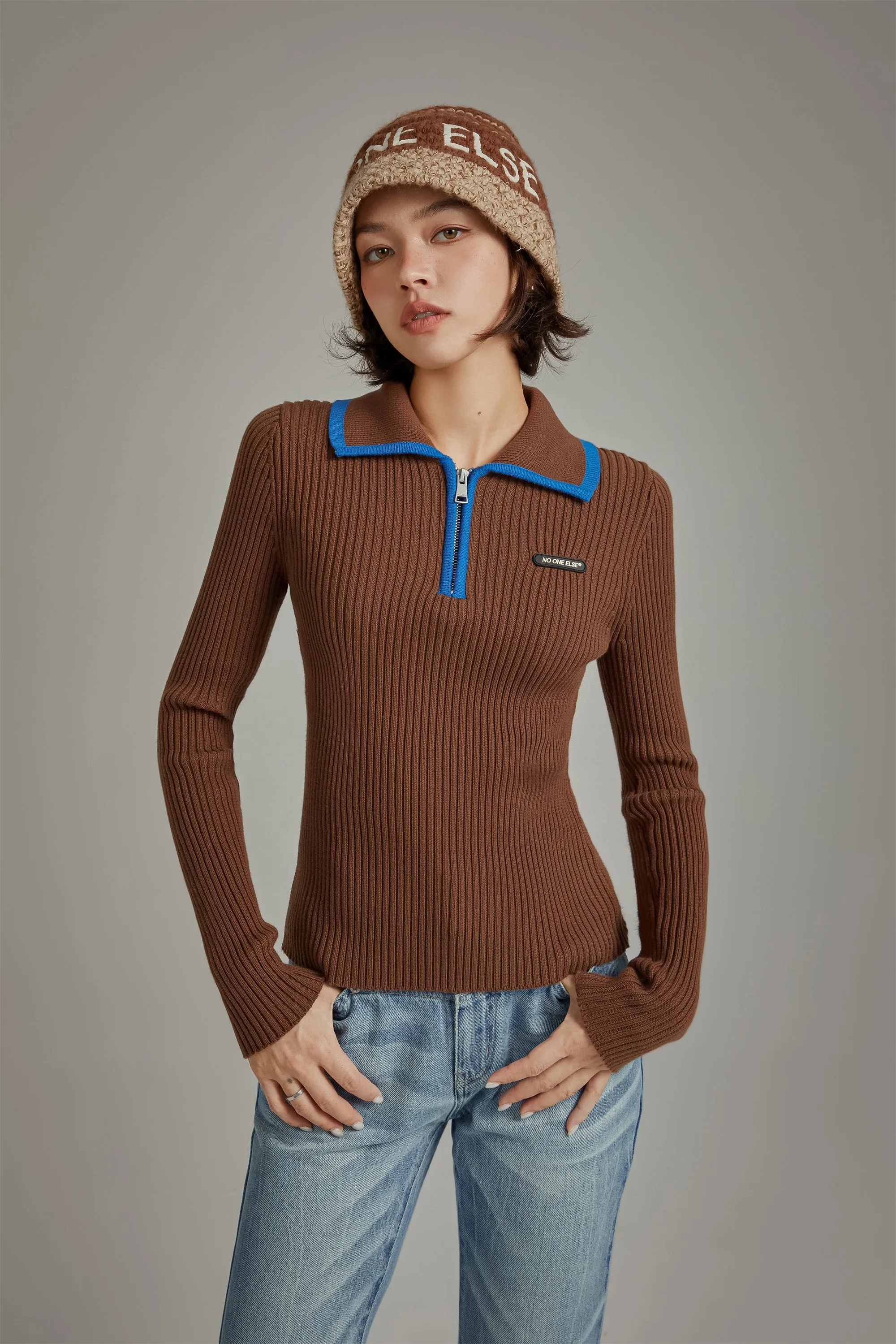 Half Zip-Up Basic Knit Top