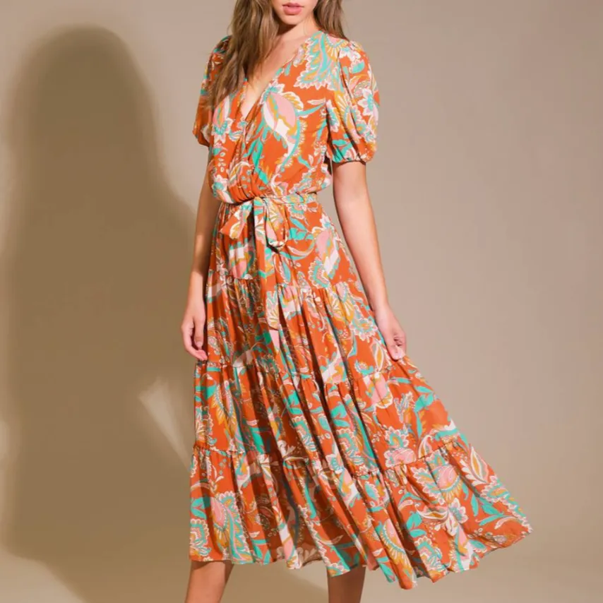 Hallie Rust Printed Short Sleeve Midi Dress