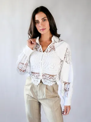 Hand Crocheted and Embroidered Cropped Shirt with Puff Sleeves