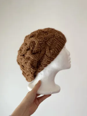 Handknit Cable Slouchy Beanie | Knit Beret | Slouchy Hat in cashew brown | Knit beanie fluffy cozy winter hat