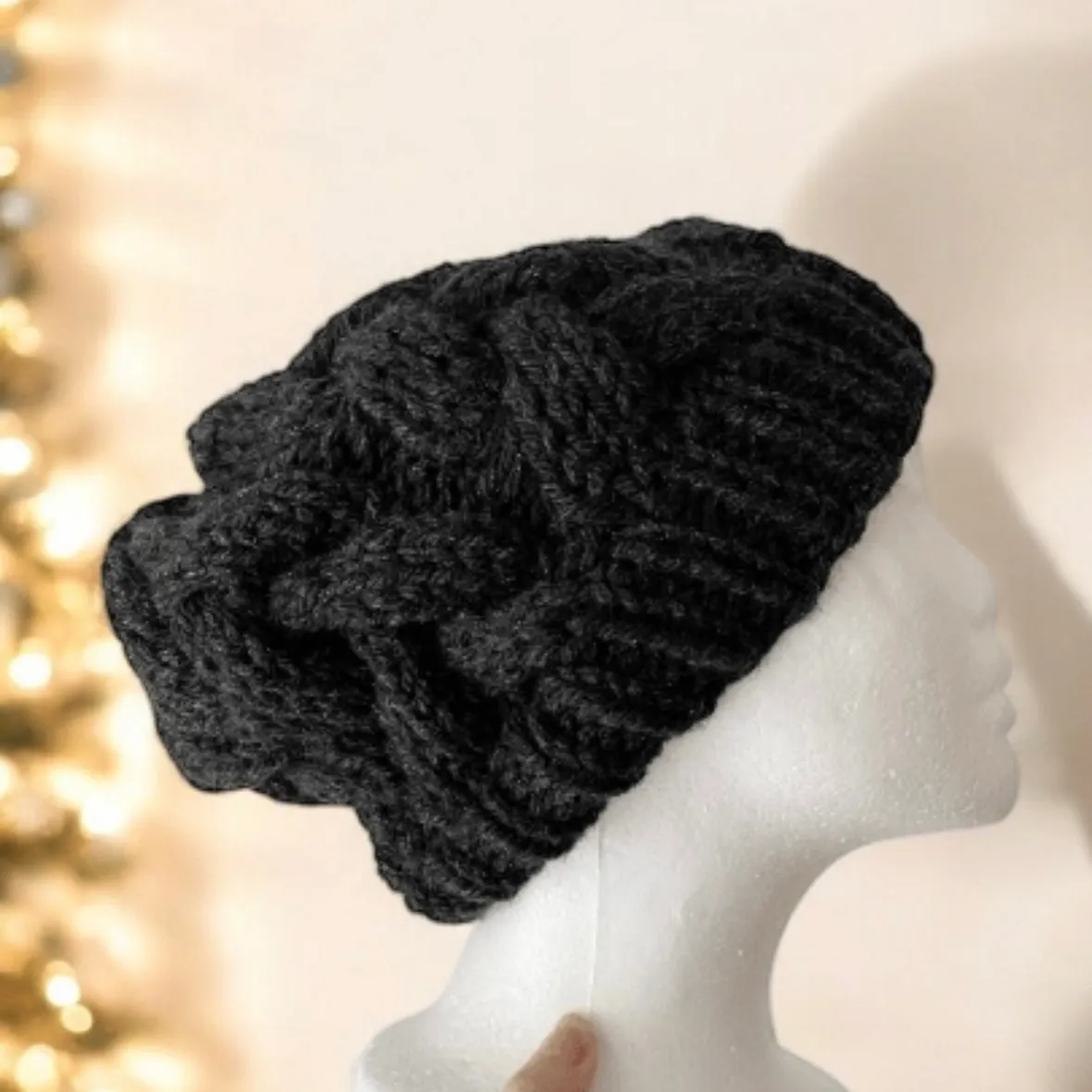 Handknit Chunky Cable Slouchy Beanie | Knit Beret | Slouchy Hat in black colour| Knit beanie in charcoal | Fluffy and cozy winter hat