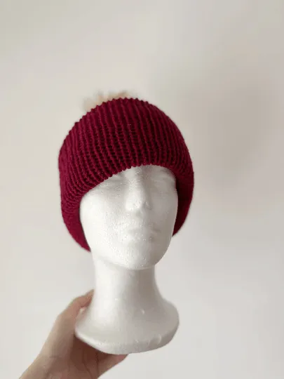 Handmade Double layered Knit beanie with faux fur pompom | Fur Pom Pom hat | Winter Knit Hat | Australian merino wool burgundy hat