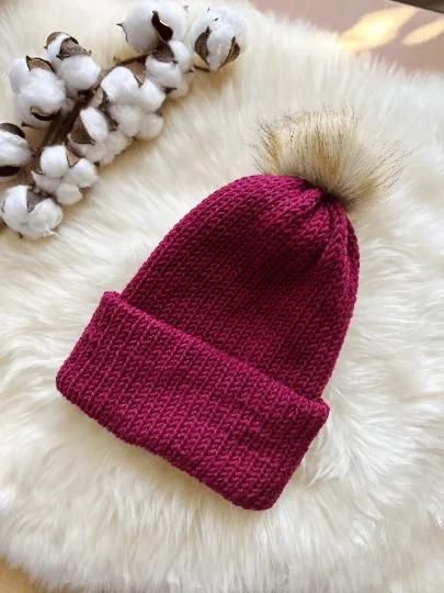 Handmade Double layered Knit beanie with faux fur pompom | Fur Pom Pom hat | Winter Knit Hat | Australian merino wool burgundy hat