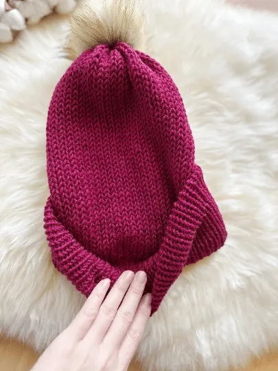 Handmade Double layered Knit beanie with faux fur pompom | Fur Pom Pom hat | Winter Knit Hat | Australian merino wool burgundy hat