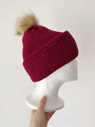 Handmade Double layered Knit beanie with faux fur pompom | Fur Pom Pom hat | Winter Knit Hat | Australian merino wool burgundy hat