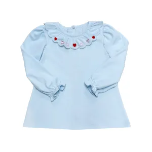 Heart Scalloped Blouse- Light Blue Knit