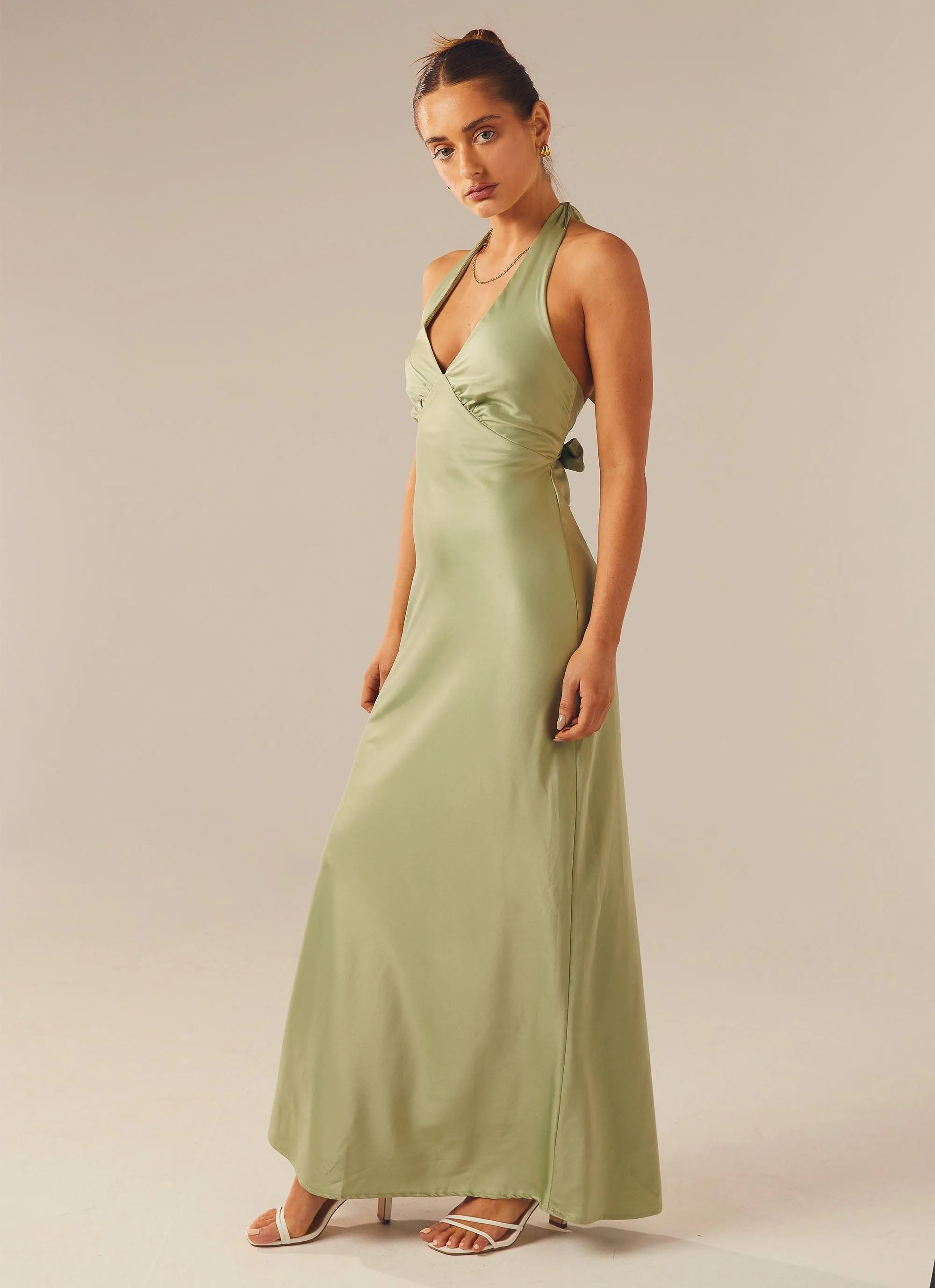 Heavy Hearted Satin Maxi Dress - Sage