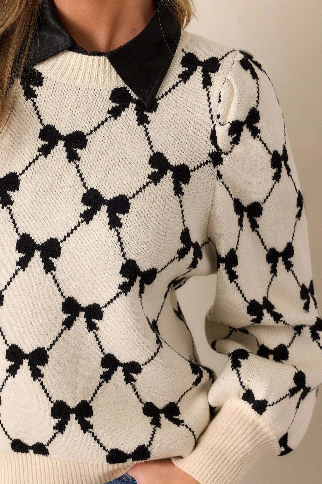 Hide Away Ivory Argyle Bow Sweater