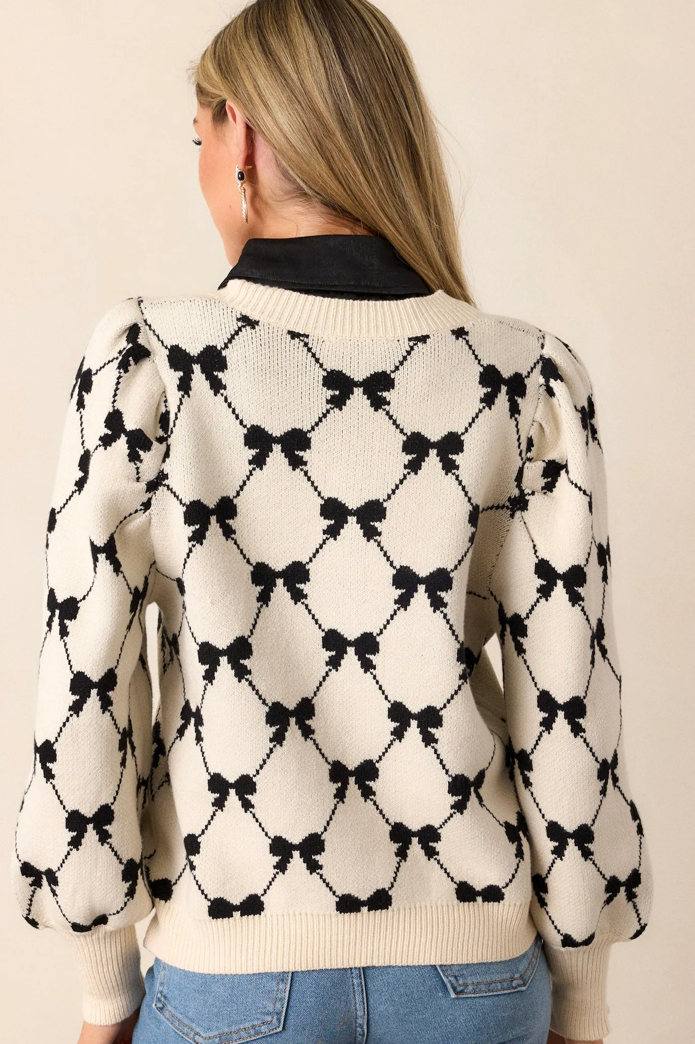 Hide Away Ivory Argyle Bow Sweater