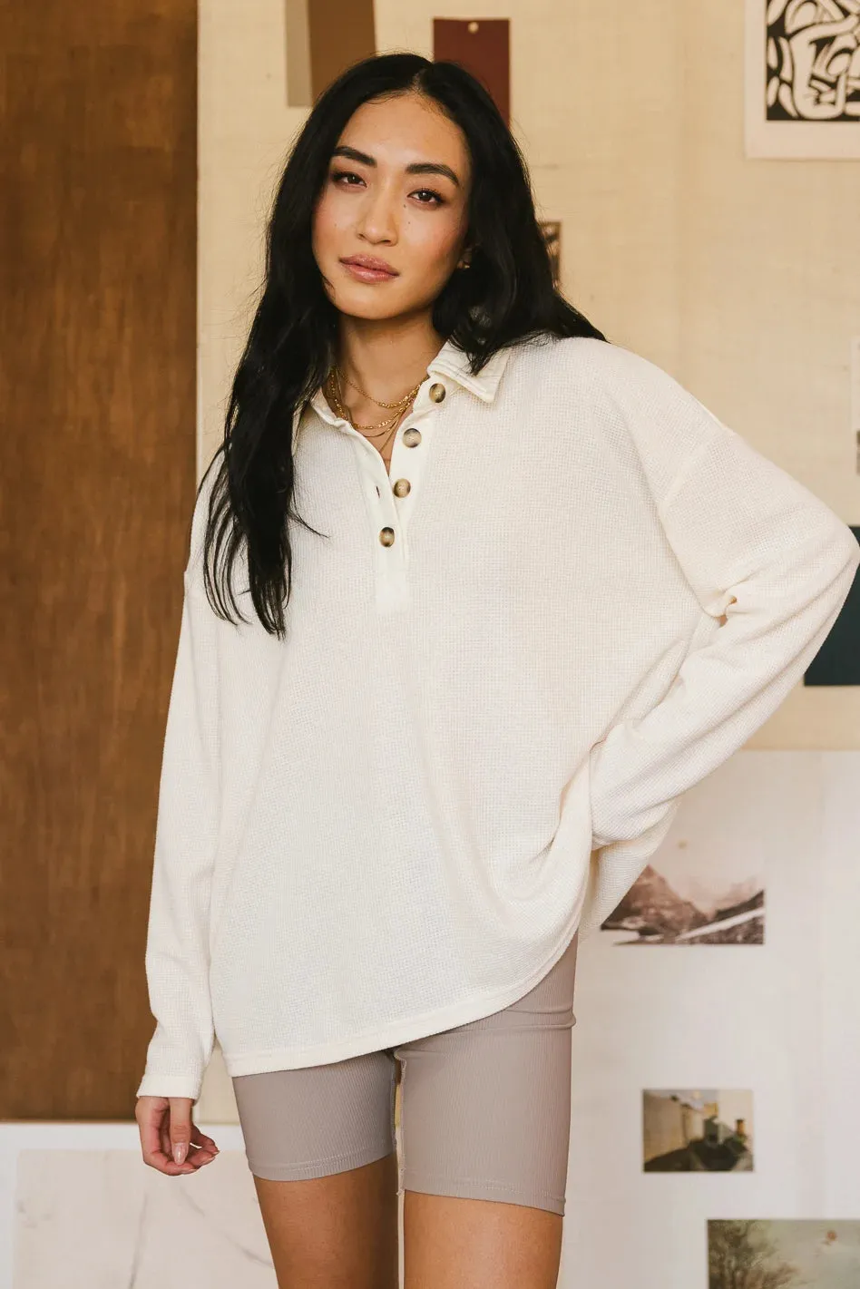 Isabelle Waffle Knit Henley Top in Cream