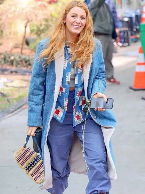 It Ends with Us Blake Lively Blue Shearling Long Coat