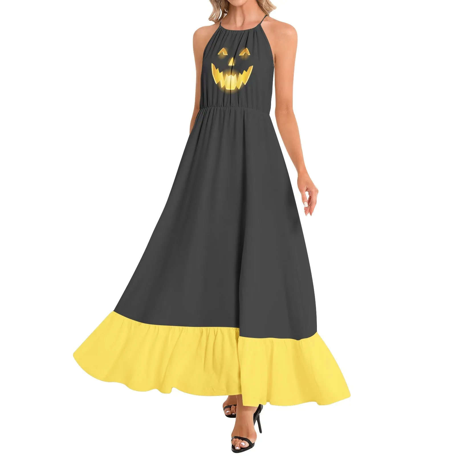 Jack O Lantern Ruffle Hem Halter Neck Maxi Dress