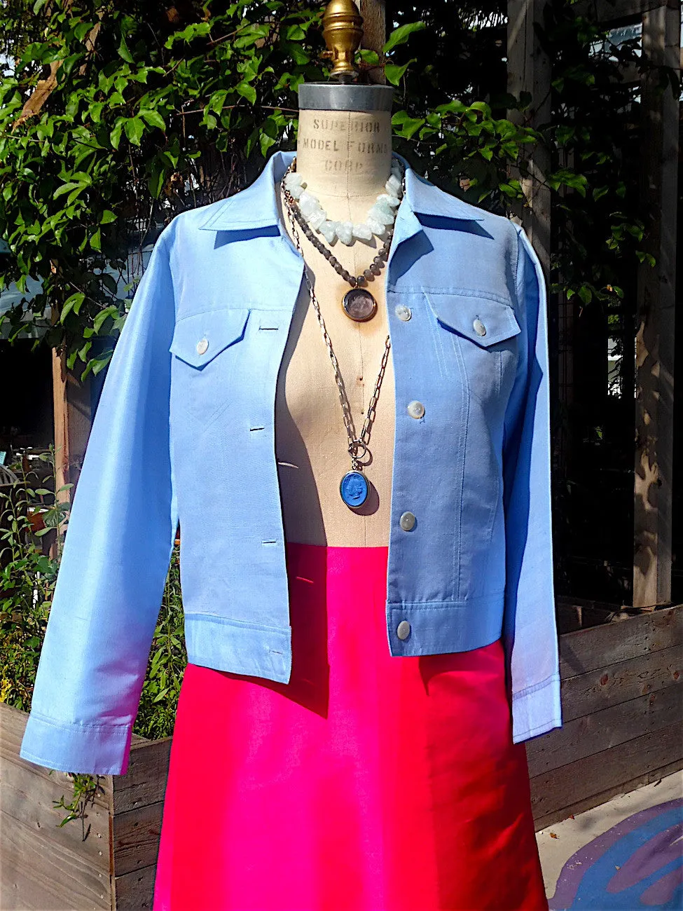 Jean Jacket Thai Silk And Mother Of Pearl Baby Blue Ivory