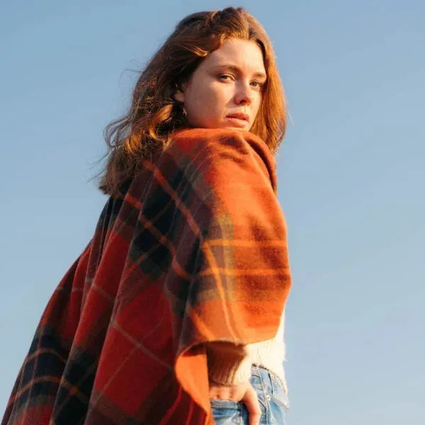 John Hanly Sue Cape, orange tartan mix