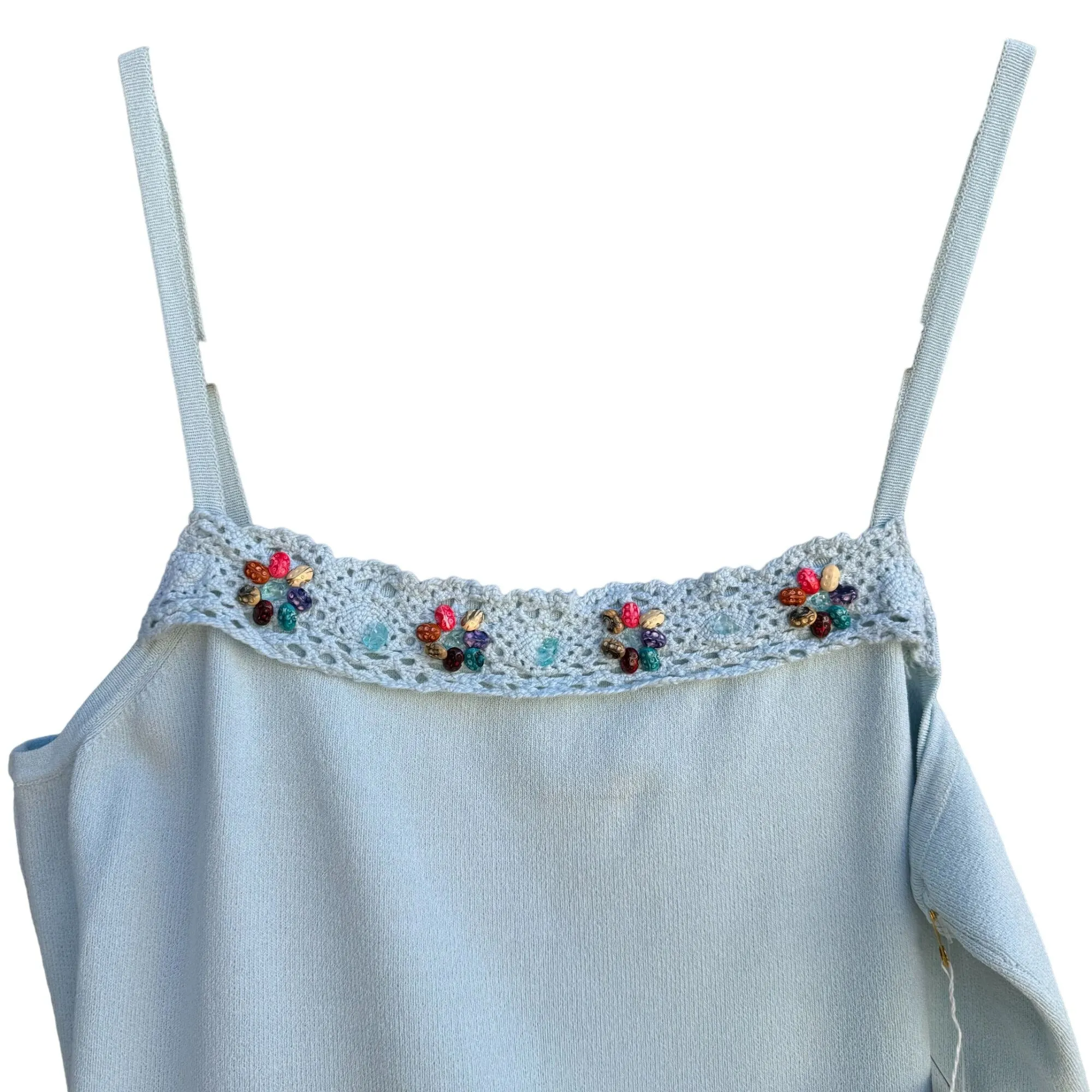 Joseph A. Light Blue Beaded Crochet Trim Sleeveless Knit Tank Top - New - Medium