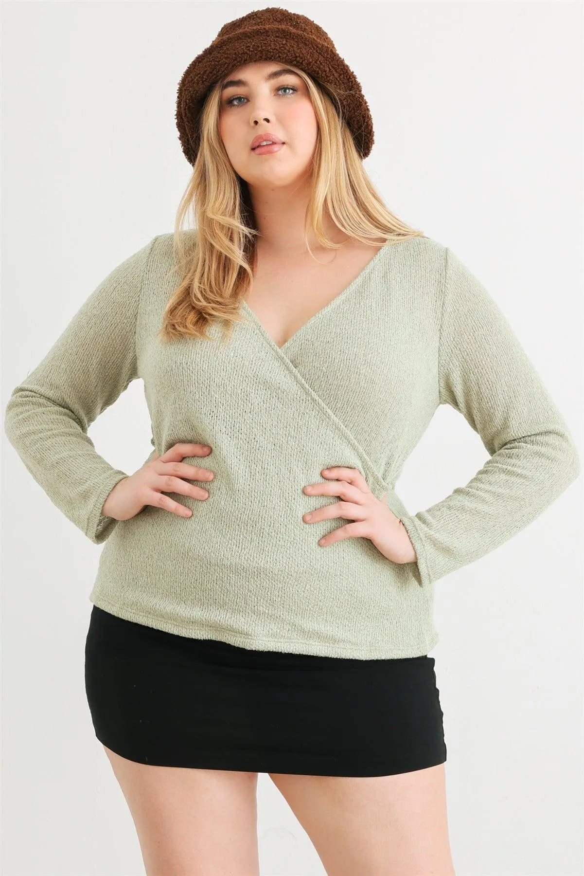 Junior Plus Light Green Knit Wrap Neck Long Sleeve Top /3-2-1